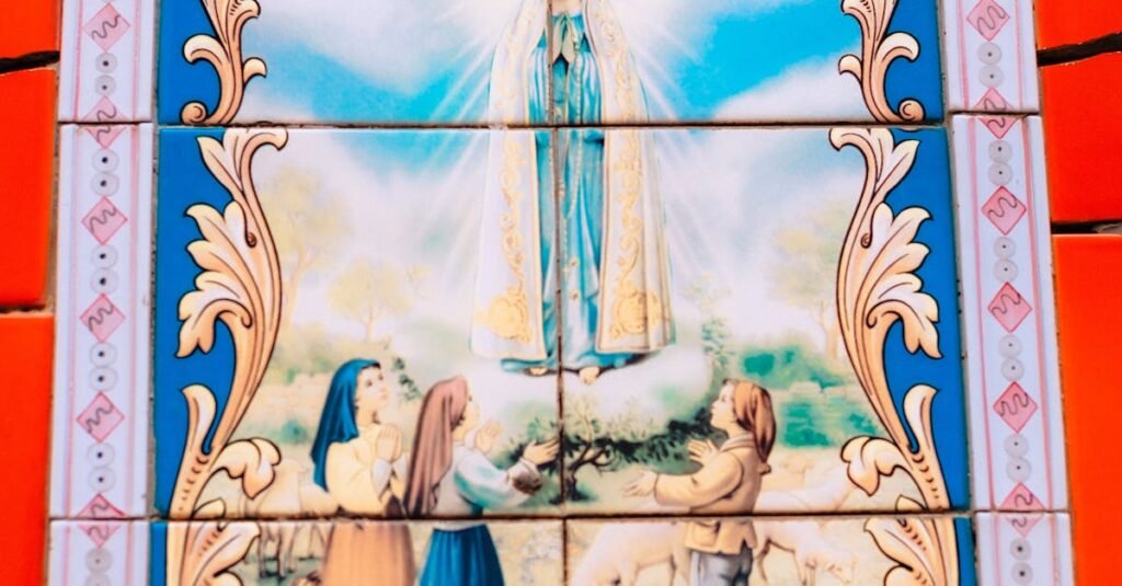 Vibrant mural depicting Our Lady of Fatima with children and sheep.