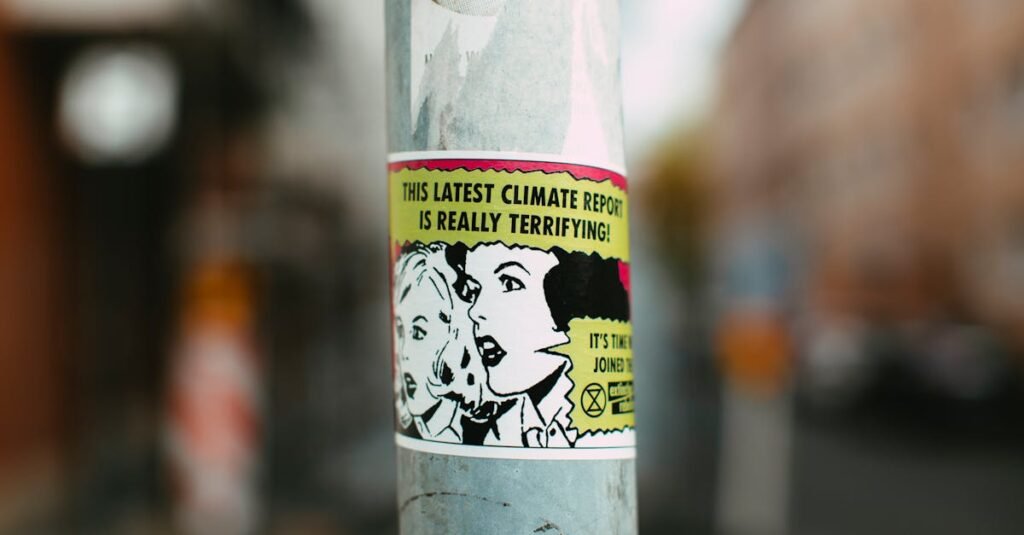 Sticker on pole with comic-style graphics raising awareness about climate change.